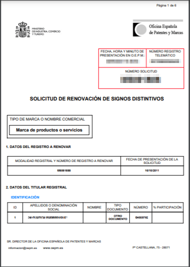 Documento de renovación de marca